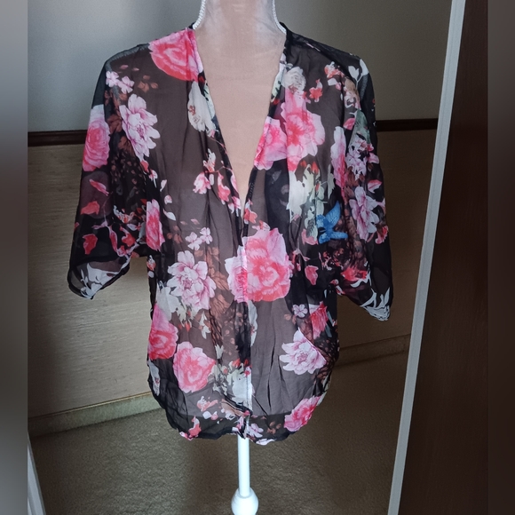Zanzea ~ Black Pink Sheer Floral Chiffon Kimono – Lightweight Open Front - Picture 13 of 13